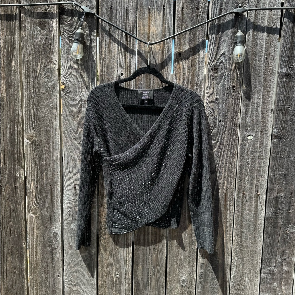 Carmen Marc Valvo Collection Black Silk Cashmere V Neck Beaded Wrap Sweater Larg